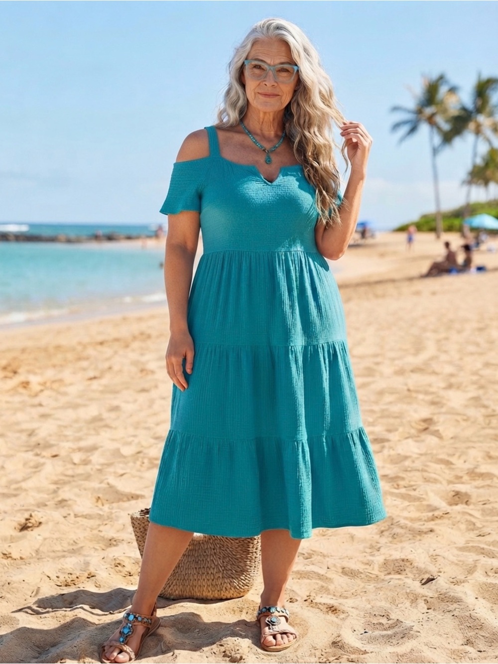 Cold-Shoulder Tiered Midi Dress in Teal